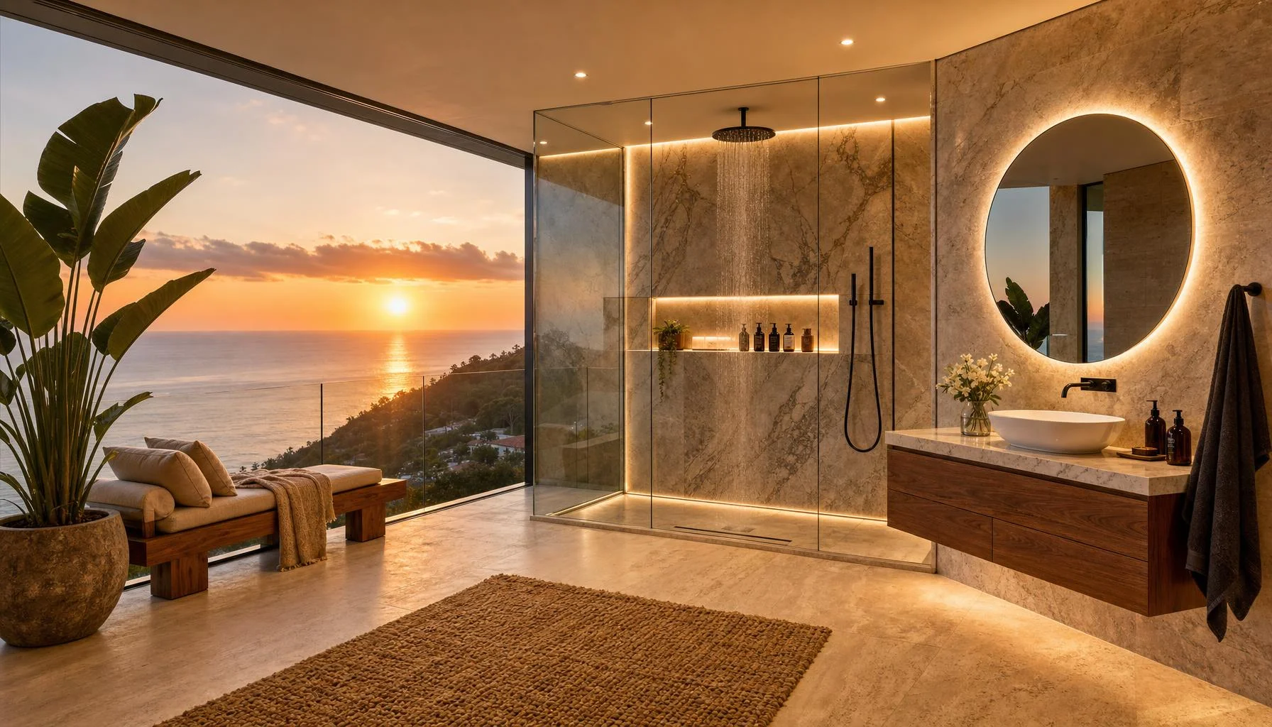 Baño de lujo con vistas al mar al atardecer, ducha de mármol y lavabo con espejo redondo retroiluminado